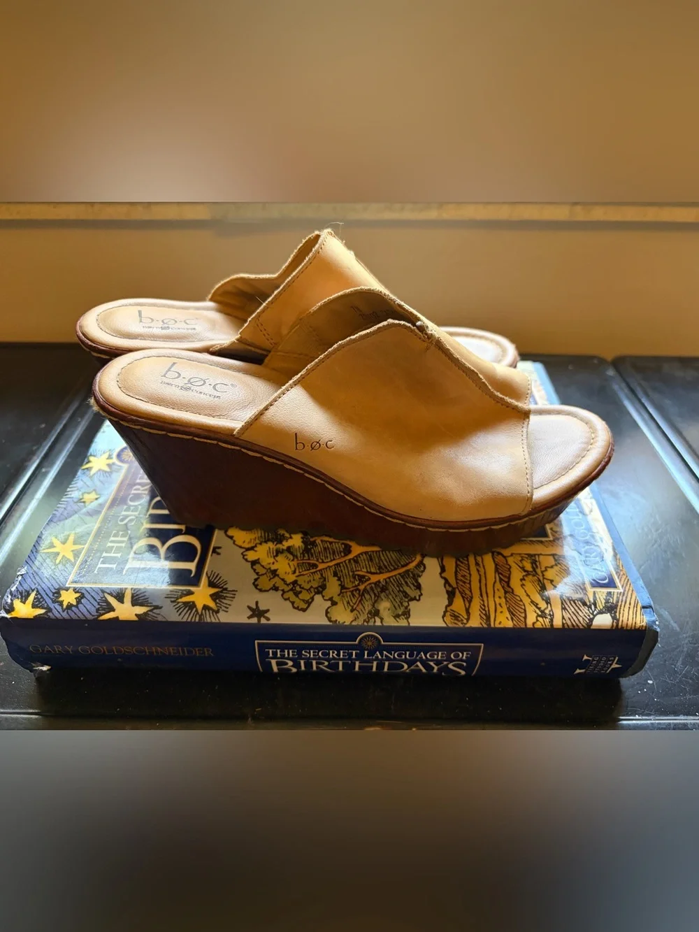 boc Tan Leather Wedge Slide Sandals